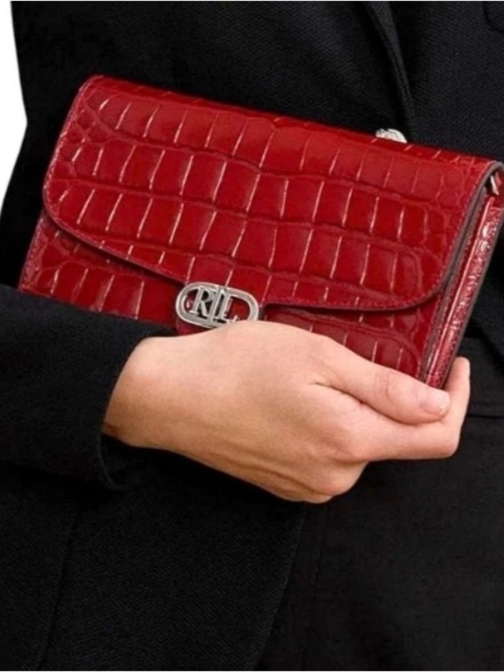 Lauren Ralph Lauren Red Croc-Embossed Chain Crossbody Bag